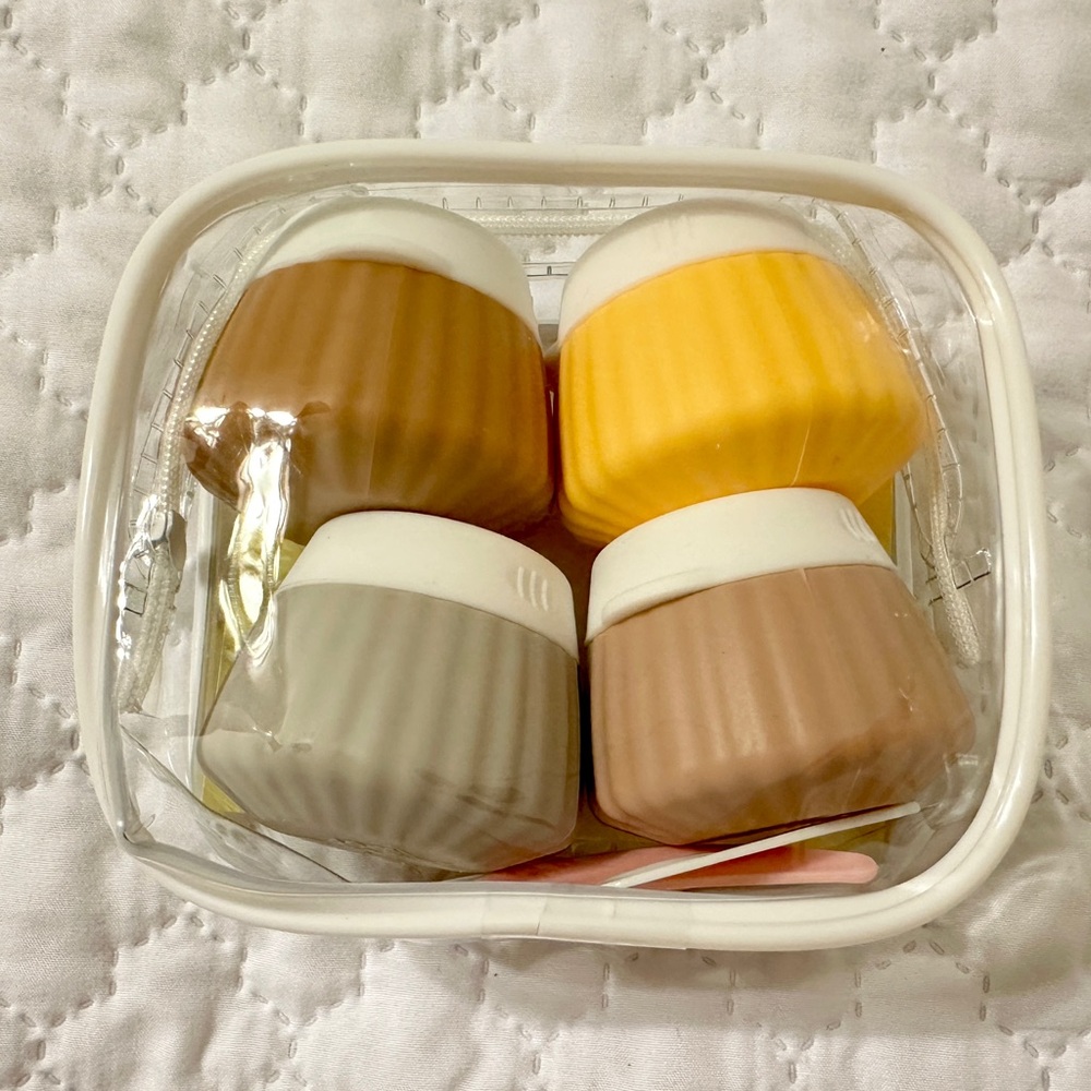 Silicone Travel Containers for skincare & toiletries with labels & spatulas